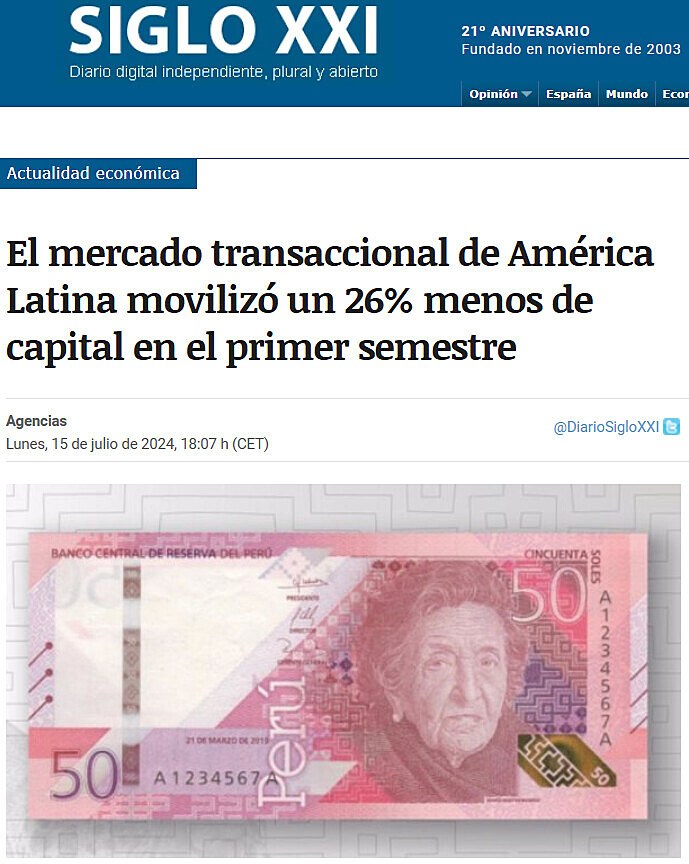 El mercado transaccional de Amrica Latina moviliz un 26% menos de capital en el primer semestre